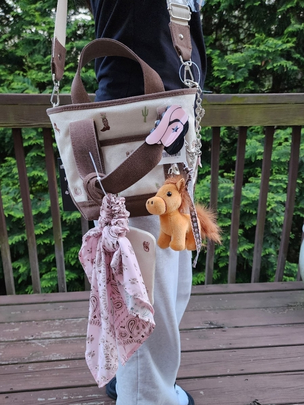 Madden Girl Beige and Brown Canvas Tote with Pink Scarf Accent